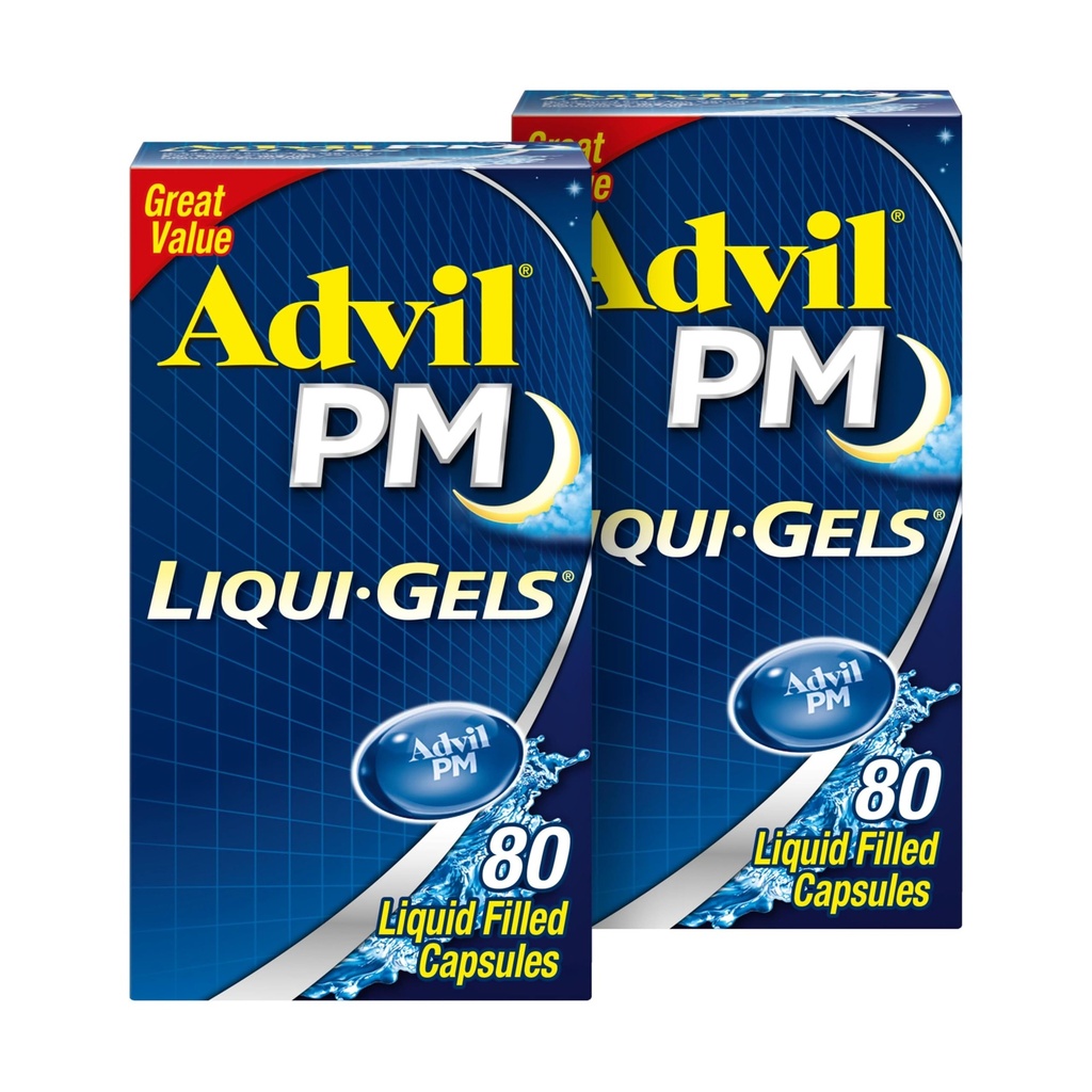 עו"ד Liqui-Gels Pain Reliever ו- Nighttime Sleep Aid, Pain Medicine with Ibuprofen for Pain Relief and Diphenhydramine HCL for a Sleep Aid - 2x80