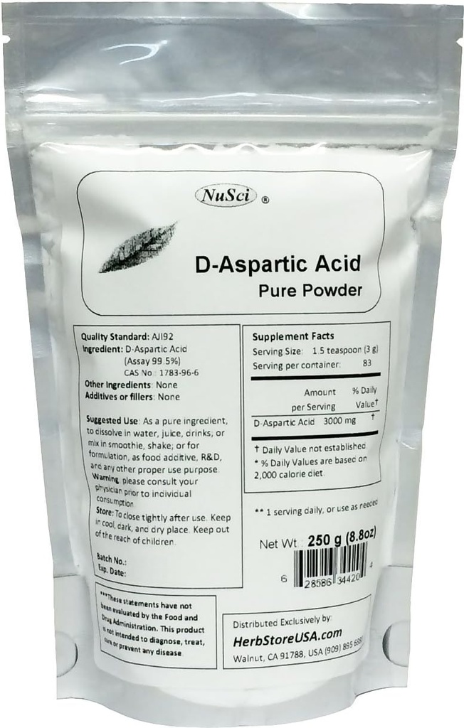 Pure D-Aspartic Acid (DAA) אבקת AJI Quality Standard (250 גרמים (8.8 oz)