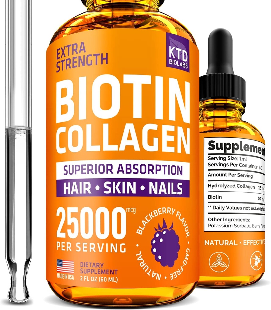 נוזל קולגן ו biotin טיפות עבור שיער צמיחה 25,000 mcg - מיוצר בארה"ב Collagen & ביוטין ויטמינים עבור שיער עור וציפורים - hydrolyzed Collagen ו ביוטין תוספת לנשים וגברים