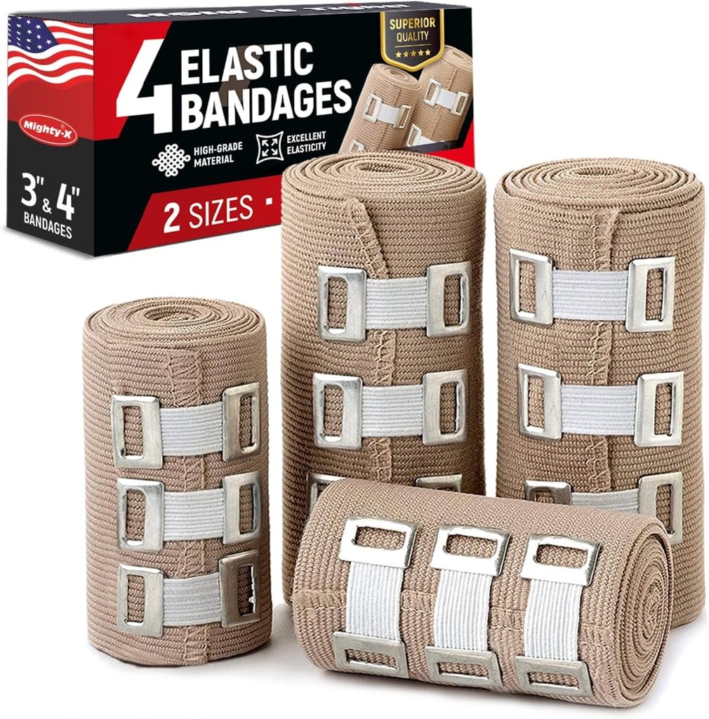 Premiumstad Bandage Wrap - 4pk (2x3in, 2x4in) + 12 קליפים אקסטרים - חזק קומפרסנדנד זעם עבור Wrists, Ankles, רגליים וברך