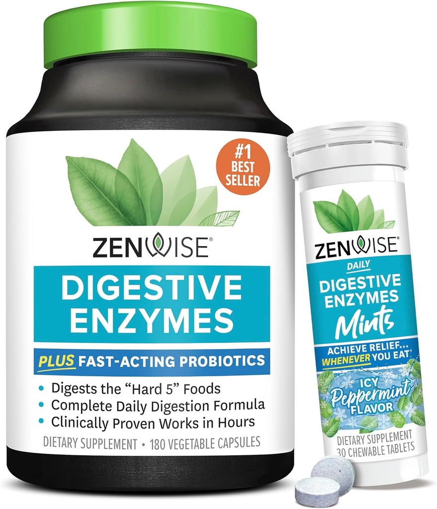 Zenwise Health Digestive Enzymes and Peppermint Chewable- Digestive Enzymes, Probiotic Multi Enzymes with Probiotics לנשים וגברים בקפסולות ו- Convenient Chewable Peppertmint