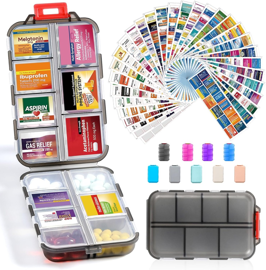 14 Grids Travel Pill Organer Box with 415-Pcs Medicine Name Labels - Pocket Daily Pharmacy Case Container Kit - Travel Holder Dispenser for Fish שמן תוסף לשמן דגים