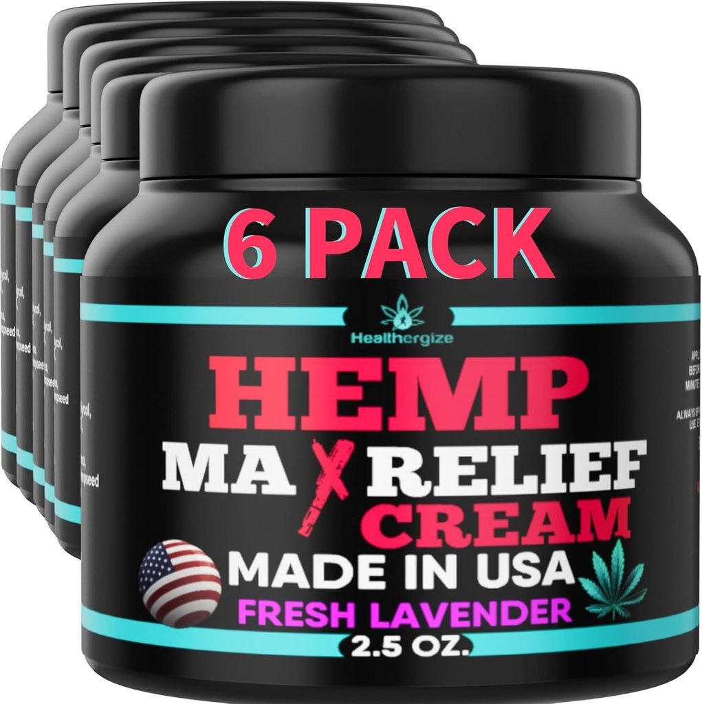 6PACK Healthergize Hemp Cream-Natural Premium Quality- Full Body Relief Results-Hemp Oil Infused-Lavender, Aloe, Turmeric, Aches, השרירים, המפרקים, השרירים, Back, Knees, Neck-Made בארה"ב...