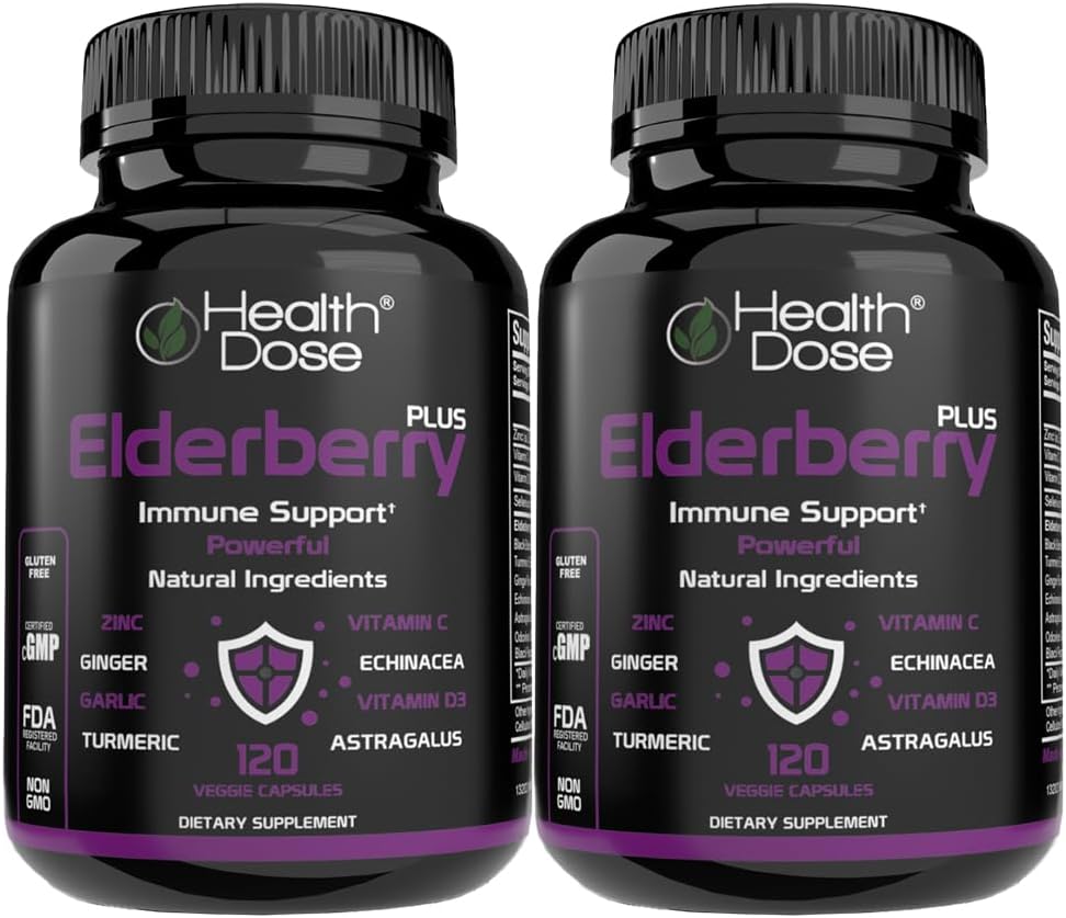 בריאות Dose Elderberry Plus קפסולות - Immune Support Supplement with ויטמינים C, D3, Zinc, Selenium ו 11 Ingredients for Year-Round Wellness - 120 קפסולות Veggie, 2Month Supply Pack של 2