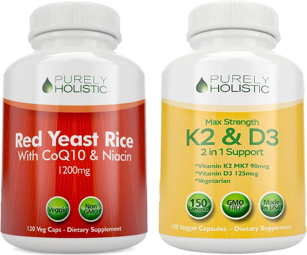 Purely Holistic Red Yeast Rice 1200mg עם CoQ10 & Niacin + ויטמין D3 5000 IU (125mcg) & K2 MK7 90mcg Bundle - 270 קפסולות צמחוניות - מיוצר בארה"ב