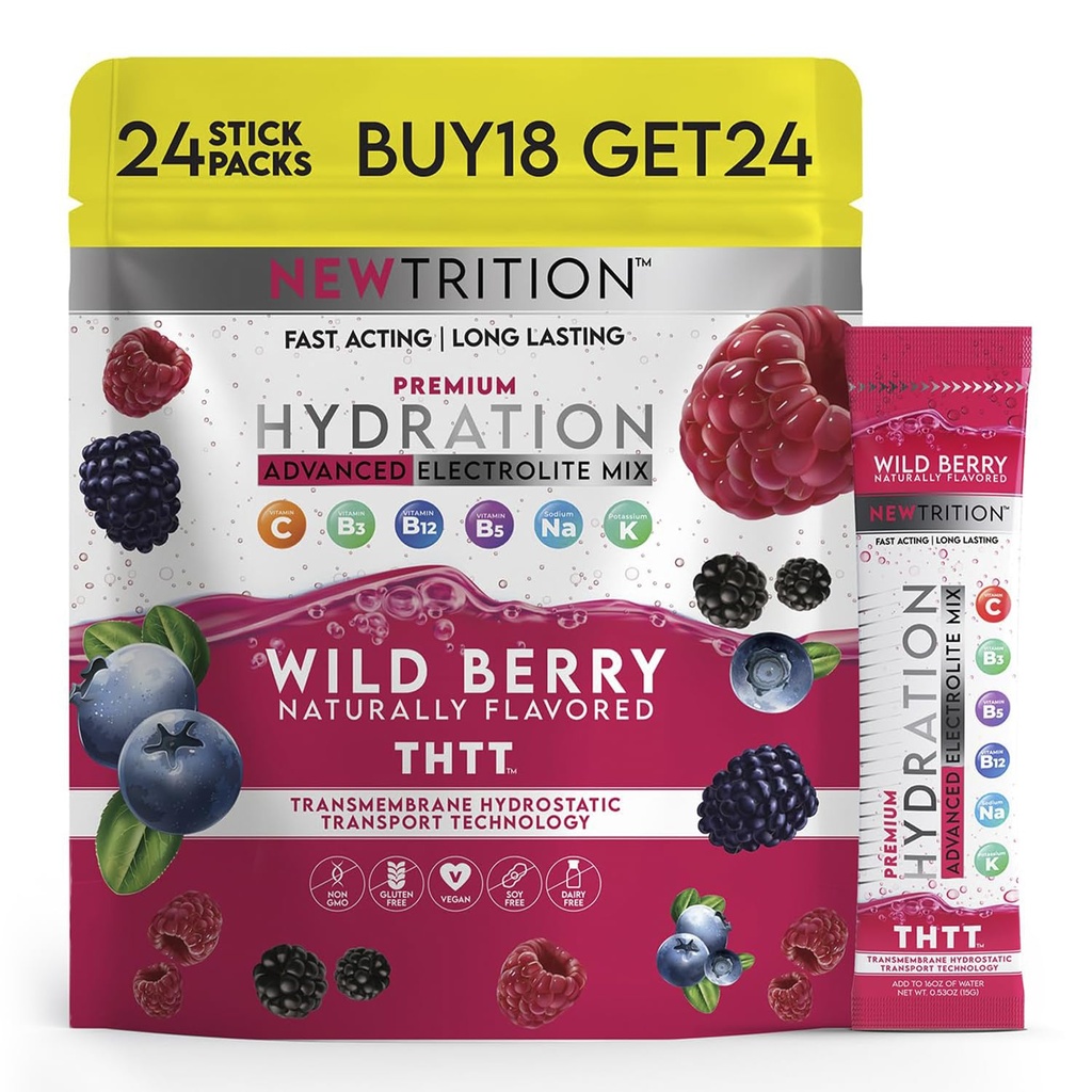 אבקת הידרה, Wild Berry Pack של 24 ערכות אבקה אלקטרוליטית, באופן טבעי אריזות הידרה פלבדור עבור מים, Fast Acting hydrote אלקטרוליטים עם ויטמין B & C, אנרגיה & התאוששות
