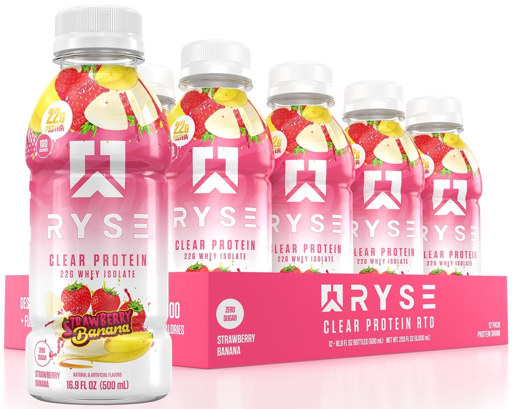 RYSE Clear חלבונים לשתות - Strawberry בננה - 100 קלוריות, 22g Whey Isolate חלבון שקד, סוכר חינם, 0g Fat & Lactose-Free - מרעננים מוכן-to-Drink Beverage - 16.9 fl oz בקבוקים (12-Pack)