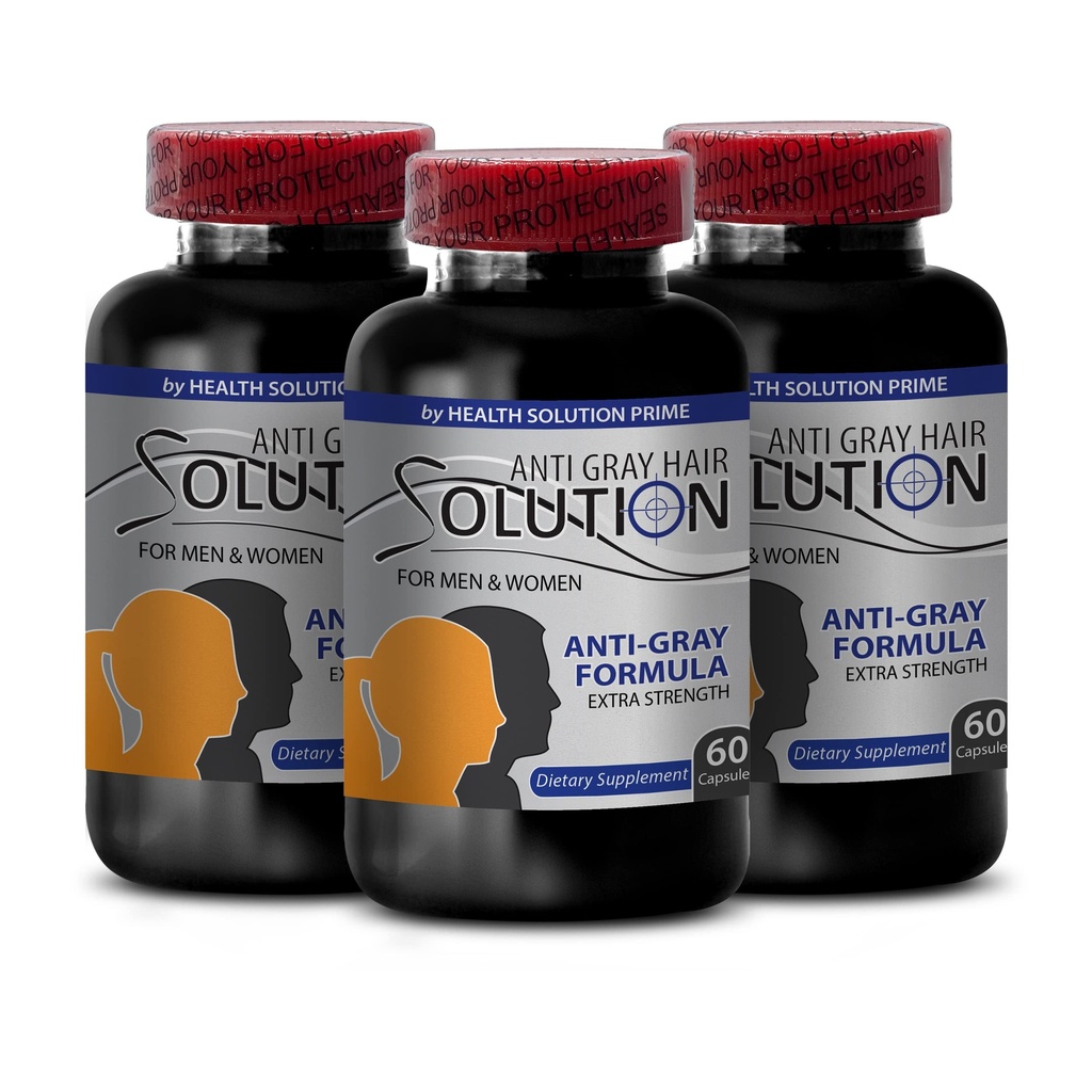 גירוי שיער אפור - Anti Gray Hair Solution - תוסף ביוטין, מוצרי שיער, ראה פלט Pametto, L-Tyrosine, Nettle Root, Folate Pills, ויטמין B6, פורמולה טבעית, גלולות אנרגיה, 3 Bot 180 Caps