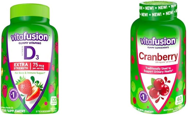 Vitafusion תוספת חיזוק ויטמין D3 Gummy Strawberry Flavored Bone & Immune Support (120 Count) + Cranberry חניכיים עבור נשים Urinary Health Support (60 Count)