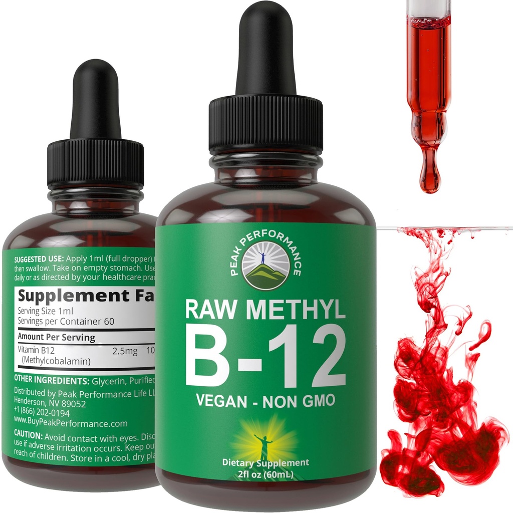 Raw Methyl B12 נוזל טיפות. Sublingual Fast Acting מתקדם טבעוני B 12 ויטמין נוזלי תוסף. זמינות ביולוגית גבוהה Methyhydrobalamin B-12 ויטמינים לאנרגיה, מיקוד וסיוע לגברים + נשים