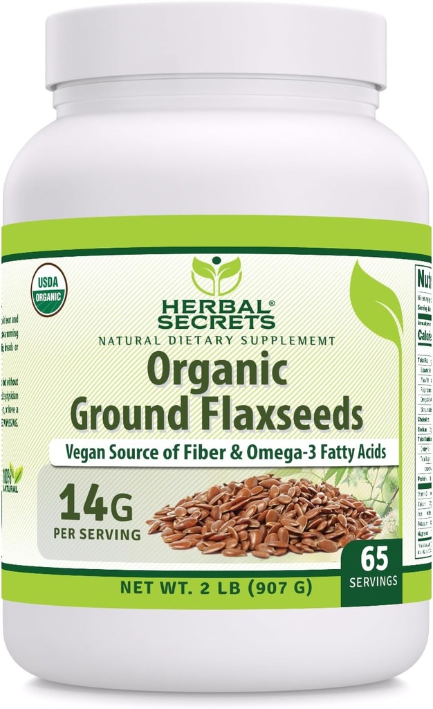 Herbal Secrets USDA Organic Ground Flaxseeds 2 אבקת Lbs | 14 גרמים Per המשרתת | 65 משרתים | מקור טבעוני מעולה של סיבים אומגה -3 -3 Fatty Acids