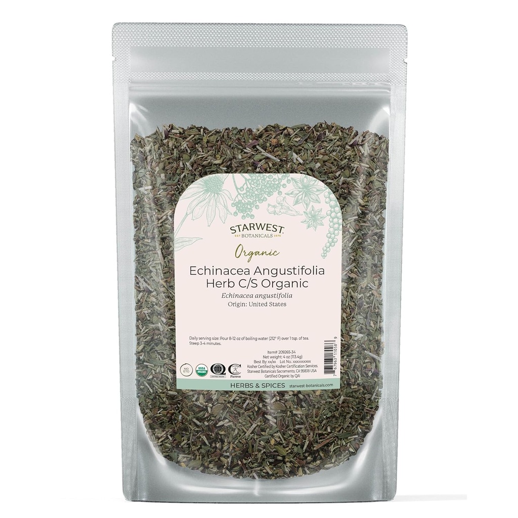 Starwest הבוטנים Dried Echinacea Angustifolia אורגני - שופכת את צמח התה, Tinctures, & Natural Herbal בלנדרים, לחתוך & Sifted, מוסמך כשר, non-GMO - 4 oz Pouch