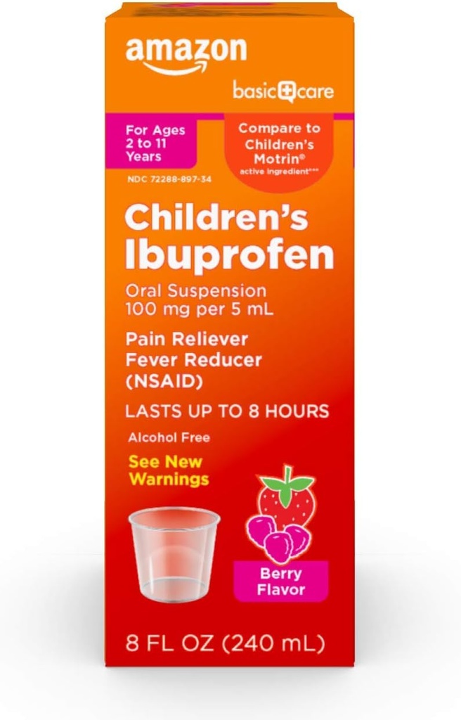בסיס לילדים של Ibuprofen אוראלי Suspension, 100 מ"ג ל 5 מ"ל, כאב Reliever ו Fever צמצם, ברי פלפור, עבור גרון Sore, הקלה כאבי ראש ועוד, 8 oz (Pack of 1)