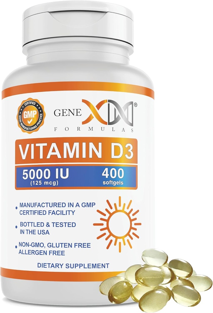 Genex Formulas ויטמין D3 5000IU (400 Softgels) תמיכה טבעית עבור Bone Health & Nerve function - Non-GMO, Gluten Free, Allergen-Free