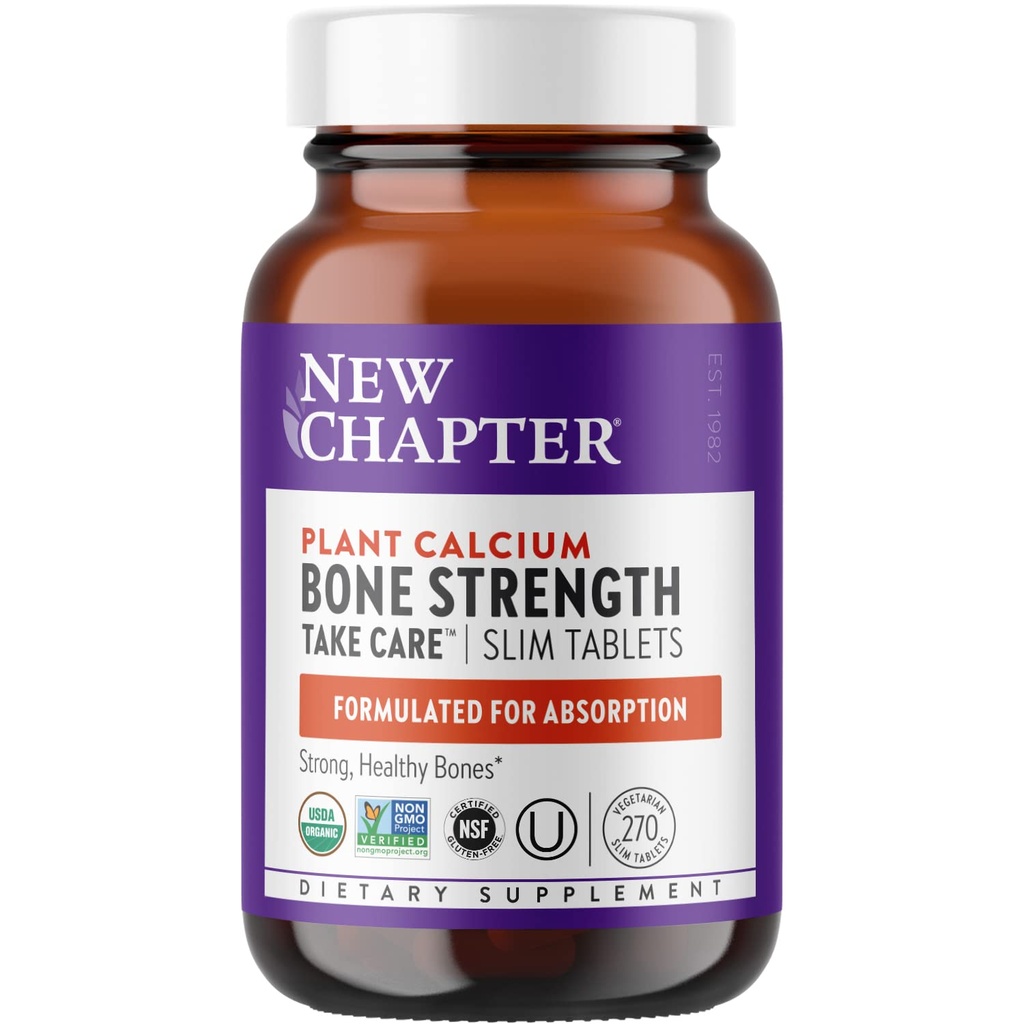 New Chapter Calcium תוסף - Bone Power Organic Calcium with Magnesium, ויטמין D3+K2, 70+ Trace מינרלים לבריאות העצם, Gluten Free, Easy to Swallow Slims - 270