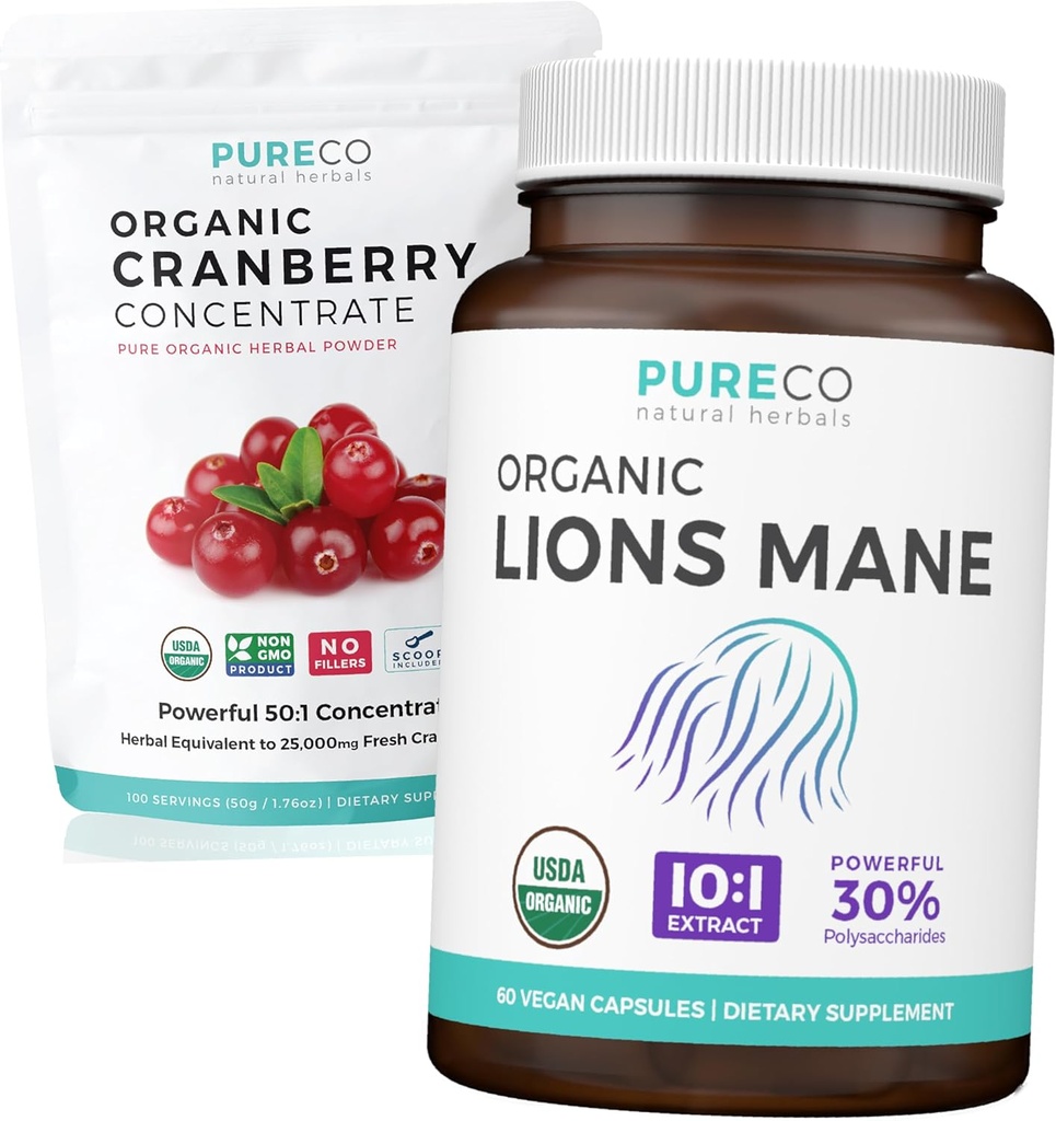 אבקת קריין & Lions Mane (1-Month Supply) Mindful Cranberry Bundle של אבקת קריין אורגני 50:1 לחלץ (100 Scoops) & אריות אורגניים Mane Mushroom 10:1 (60 Caps)
