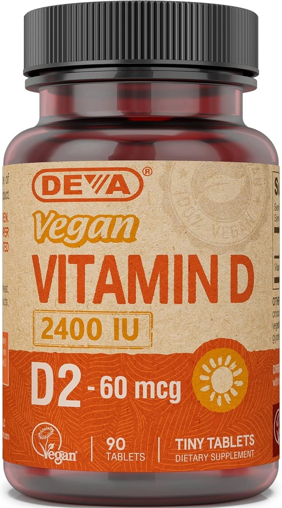 Deva Vegan ויטמין D2 60 mcg 2400 IU, Ergocalciferol תוספת עם No Animal Ingredients, 90 טבליות, 1-Pack