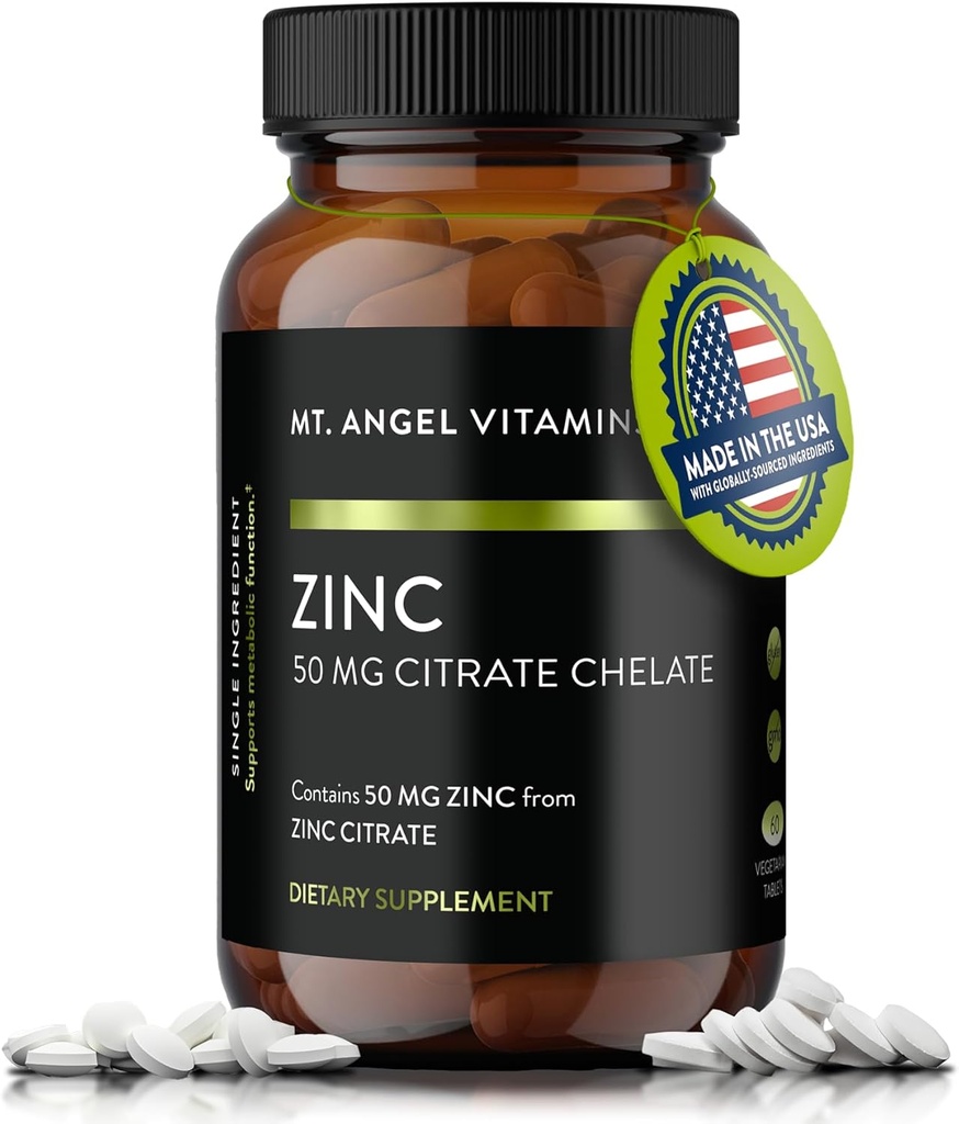 Mt. Angel ויטמינים - Zinc Citrate 50 מ"ג - Zinc 50 מ"ג Citrate Chelate - תוספי Zinc טבעיים עשויים בארה"ב - 60 טבליות צמחוניות