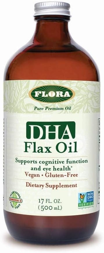 פלורה DHA Flax שמן - תמיכה בבריאות המוח - מכיל אומגה 3-6-9 טבעוני, Gluten-Free, כשר ו- non-GMO - Keep Chilled - Glass Bottle - 17 fl. oz.