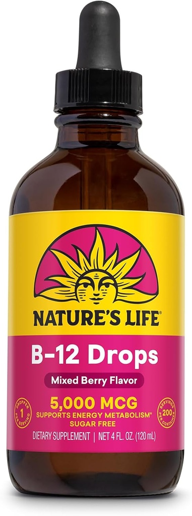 החיים של הטבע B12 טיפות 5000 mcg - ויטמין B12 Methyleobalamin - נוזל B12 תוספת עבור אנרגיה מטבוליזם, תפקוד עצבי ו Red Blood Cell תמיכה טבעי מעורב ברי, סוכר חינם (200 , 4oz)