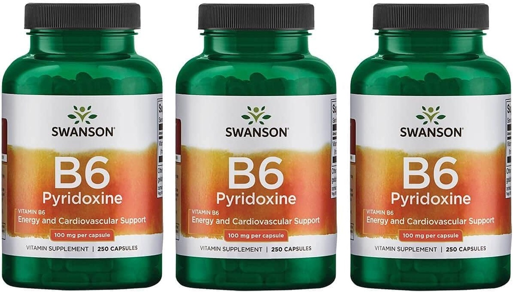 Swanson B6 Pyridoxine - תוסף ויטמין לקידום בריאות קרדיווסקולרית ואנרגיה מטבוליזם - פורמולה טבעית לקידום בריאות כללית - (250 קפסולות, 100 מ"ג כל אחד) 3 Pack