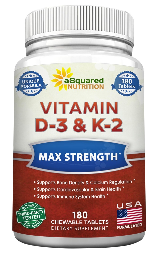 ויטמין ASquared Nutrition D3 עם K2 תוסף-180 טבליות Chewable, מקס כוח D-3 Cholecalciferol & K-2 MK7 כדי לתמוך עצמות בריאות, שיניים, לב - Antioxidant D3 & K2 MK 7 אנרגיה פורמולה מבוגרים פורמולה מבוגרים פורמולה אנרגיה פורמולה מבוגרים פורמולה מבוגרים