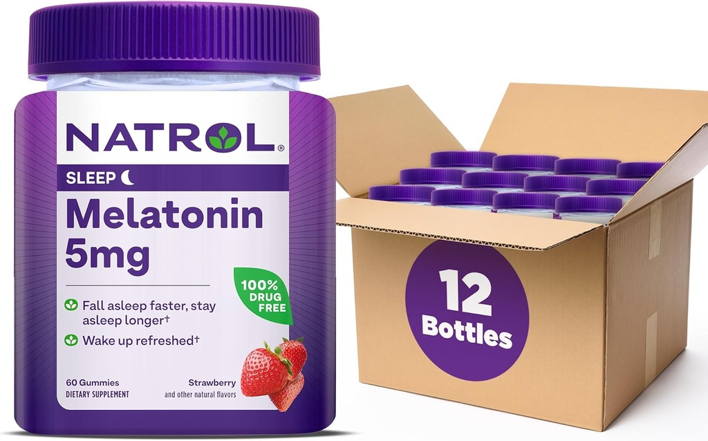 Natrol 5 מ"ג מלטונין חניכיים, תמיכה בשינה למבוגרים, מלטונין תוספי שינה, 60 Strawberry-Flavored חניכיים, 30 יום אספקה (Pack של 12)