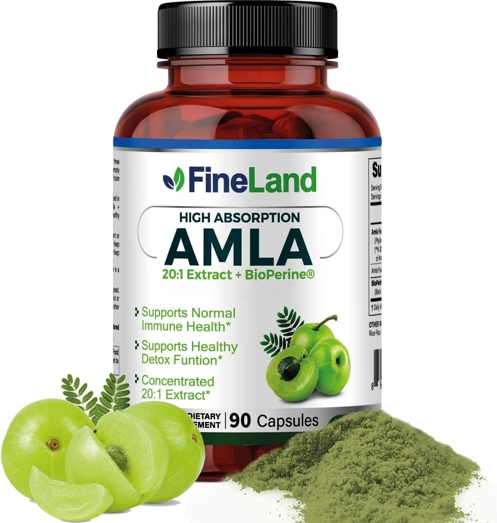 FineLand Amla (הודית אווזברי) 20X מלא מפרט תמצית - 30,600 מ"ג Equivalent לשרת עם BioPerine® עבור Absorption, Rich in Natural ויטמין C, Immune & Digestive Support - 90 קפסולות טבעוניות