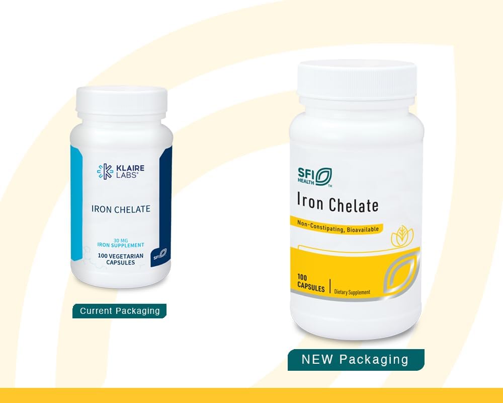 Klaire Labs SFI Health Iron Bisglycinate Chelate Supplement - 30mg Ferrous Bisglycinate Chelate - Designed to be Well-Tolerated, Well-Absorbed & Gentle on Stomach - Hypoallergenic (100 Capsules)