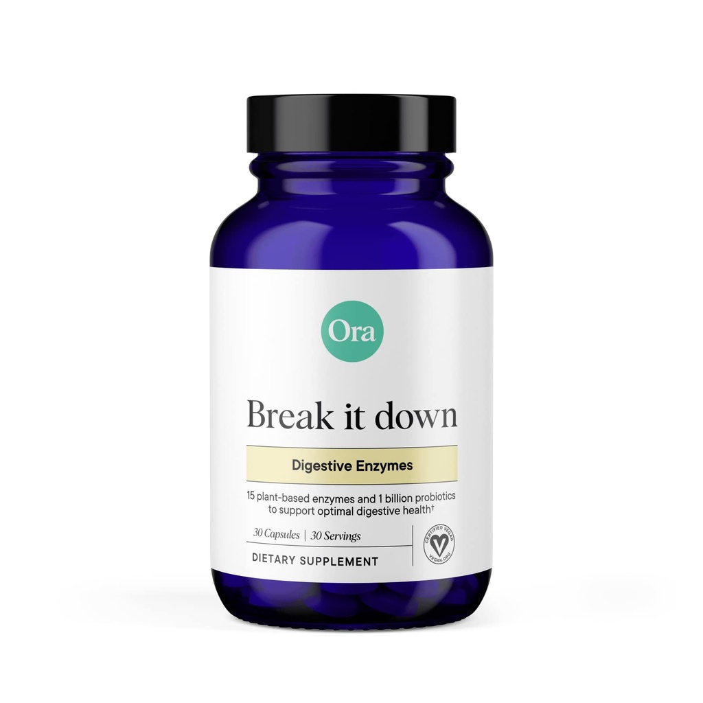 Ora Organic Multi-Enzyme תוסף - טבעוני, Gluten Free Enzy for Digestion with Probiotics for Gut Health, Bloating, Constipation and Gas Relief - 30 Easy to Swallow כמוסות