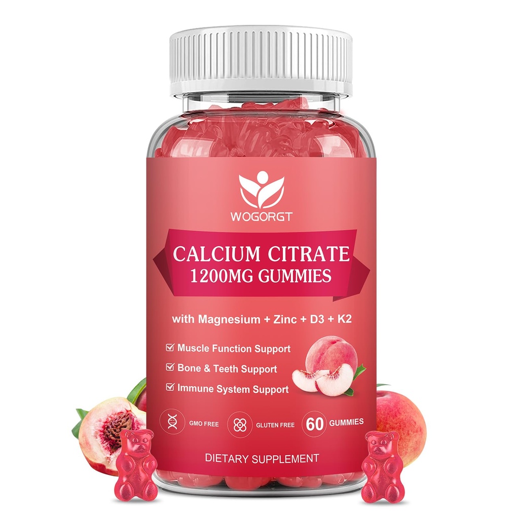 Calcium Citrate 1200 מ"ג חניכיים עם ויטמין D3 K2 - Chewable Calcium Magnesium Zinc d3 תוסף עם Sea Mosss לחלץ עבור העצם, שיניים, תמיכה Immune עבור נשים וגברים, לבן Peach Flavor - 60 חניכיים