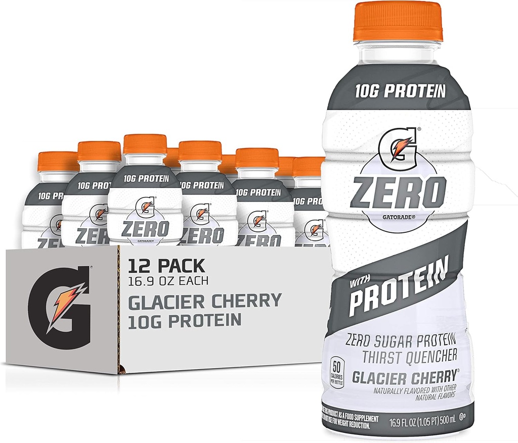 Gatorade Zero עם חלבון, 10g חלבון Whey חלבון Isolate, Zero Sugar, Electrolytes נוזלי, Glacier Cherry, 16.9 Fl Oz בקבוק, 12 Pack