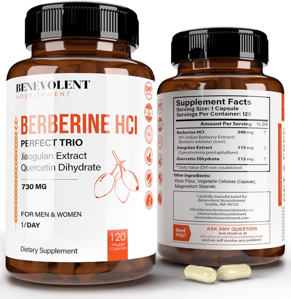 Premium Berberine HCL 730 מ"ג - 120 VCAPS Perfect tri Complex with non-GMO Jiaogulan & Quercetin