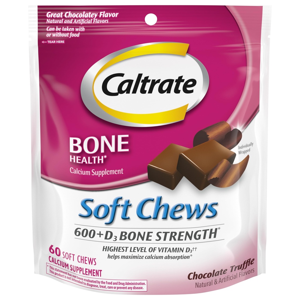 Caltrate Soft Chews 600 Plus D3 Calcium ויטמין D, שוקולד טריפל - 60 Count(Packaging May Vary)