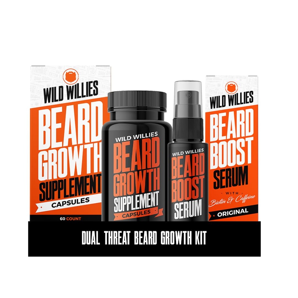 וויליס Wild Beard Growth Kit - קפסולות & Boost Serum - שמן צמיחה טבעי עם ביוטין וקפאין - ויטמינים עבור Fuller, Thicker Beard - 60 קפסולות - לגברים