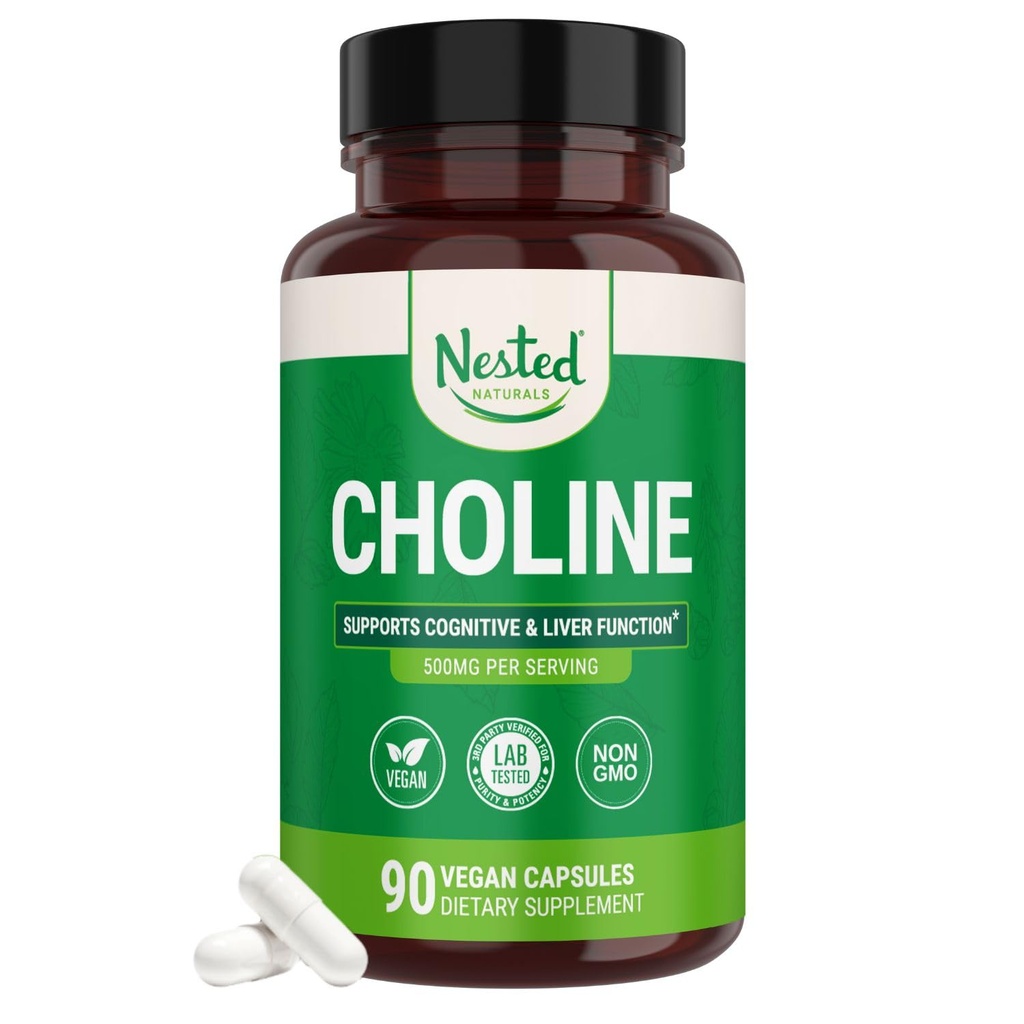 Naturals Nested Choline Bitartrate 500 מ"ג - תוספי בטיחות גבוהה כולסטרול - תמיכה ביצועים קוגניטיביים פונקציות Liver - 100% טבעוני ולא GMO Choline - 90 קפסולות טבעוניות