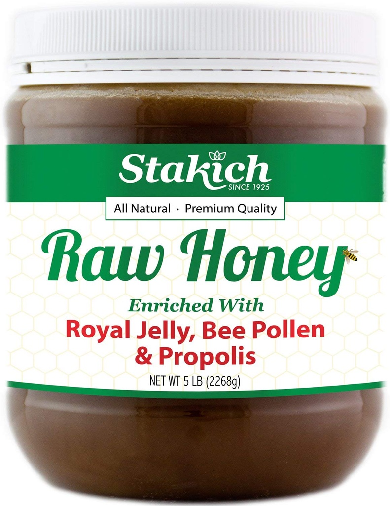 Stakich רויאל ג'ולי, Bee Pollen, Propolis Enriched Raw Honey - טהור, לא מעובד, ללא חימום - 5 פאונד (80 אוונס)