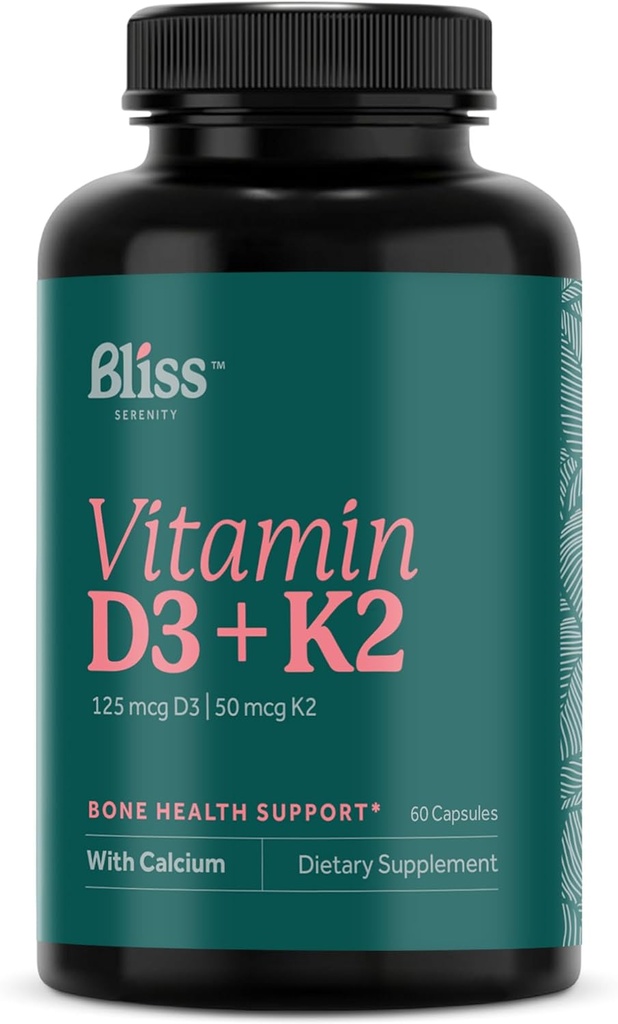 ויטמין D3 K2 - ויטמין D3 5000 IU עם ויטמין K2 כמו MK-7, Calcium ו Phosphorus for Ultimate Absorption - ויטמין D, 60 Vegcaps, 60 יום אספקה