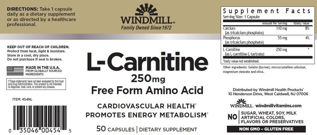 Windmill L-Carnitine 250 מ"ג קפסולות 50 הרוזן (3 Pack)