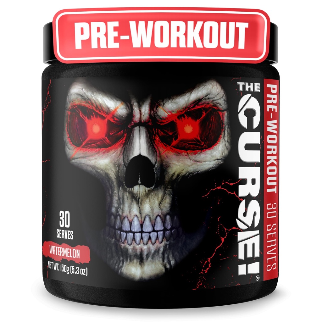 JNX SPORTS The Curse! אבקת עבודה מוקדמת לגברים ונשים, קפאין, Beta-Alanine, Creatine, L-Citrulline, 30 משרתים, Watermelon Flavor - Boost Energy, Power & Focus