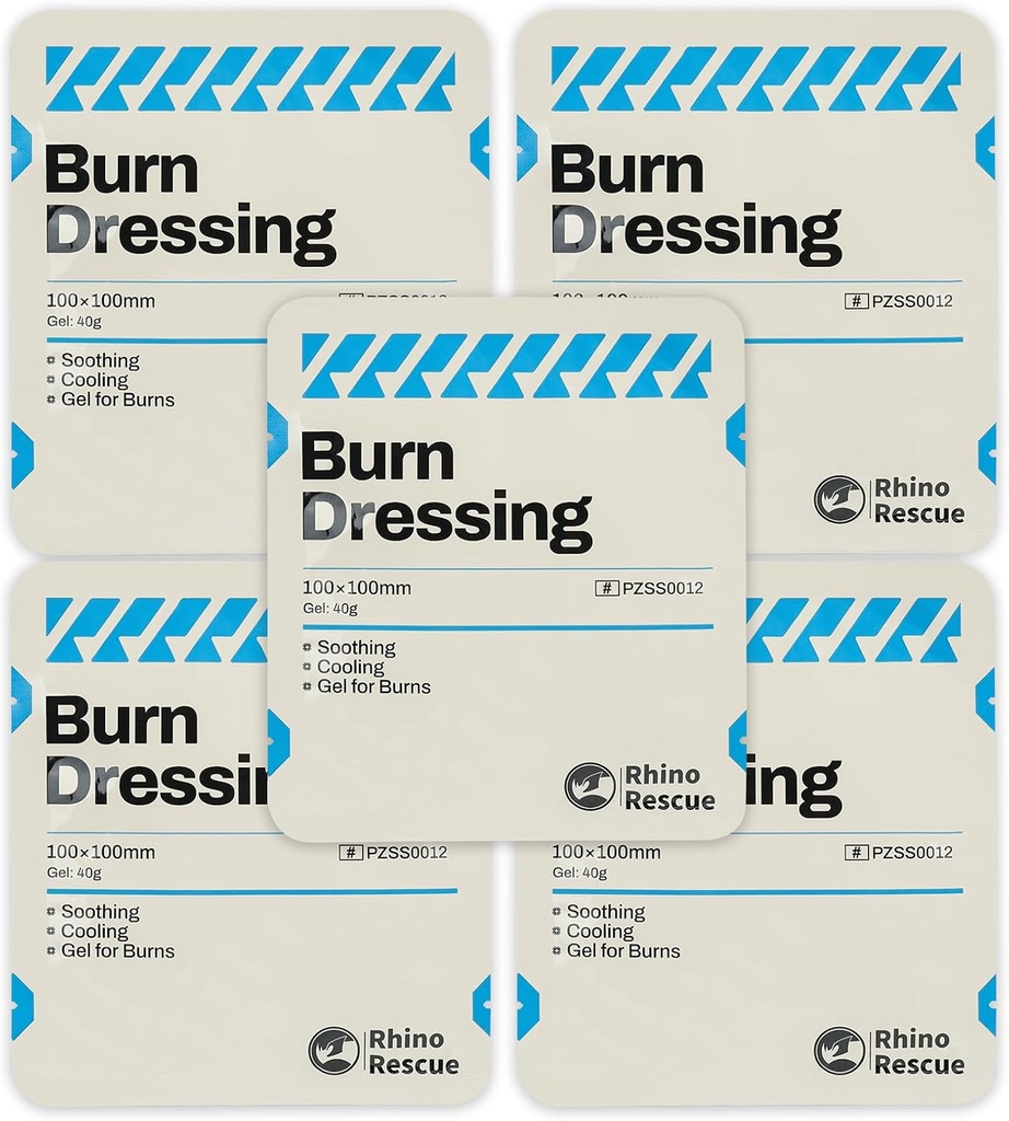 Rhino Rescue 5 Pack 4" X 4 "Bur Dressing, Burn Gel Cooling Soothing Cream Relief Burn First Aid Supplies (5)