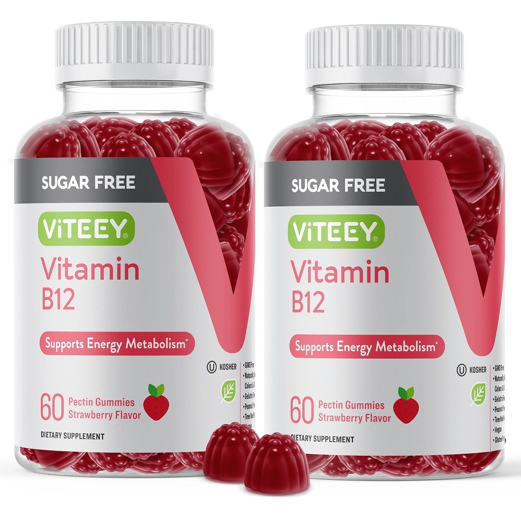 Viteey ויטמין B12 Gummies for Adults & Teens 1000mcg, Sugar Free - Good for Energy, Metabolism, Natural Energy Support - טבעוני, Gelatin חינם, Gluten Free, GMO חינם - Chewable Strawberry פלמור