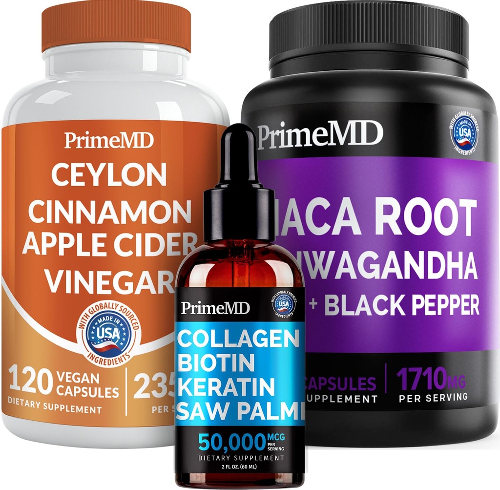 5-in-1 Ceylon Cinnamon (120ct), 4in-1 Biotin Collagen Keratin Saw Palmetto (2 fl oz - 1 Pack) ו 6-in-1 Maca Root Ashwagandha (120ct) Bundle - אנרגיה, Mood, שיער, Skin & Immune Support Supplement