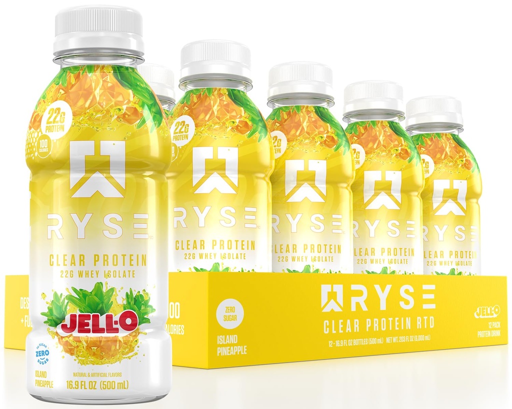 RYSE Clear חלבונים לשתות - Jell-O Island Pineapple - 100 קלוריות, 22g Whey Isolate חלבונים שקד, סוכר חינם, 0g Fat & Lactose-Free - מרעננים מוכן-to-Drink Beverage - 16.9 oz בקבוקים (12-Pack)