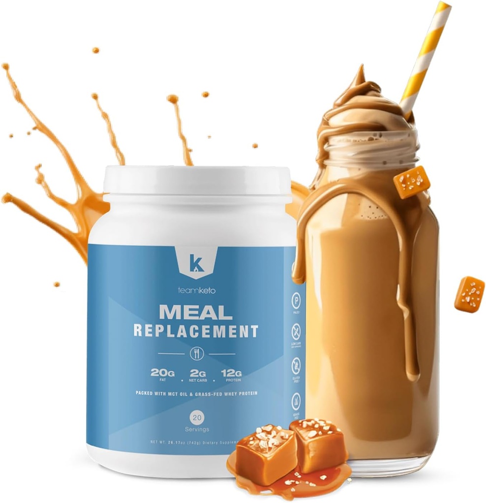 אבקת החלפת TeamKeto Meal Gluten Free Contains אבקת MCT, שמן קוקוס, אבקת חלבון whey דשא ו-100% טעמים טבעיים עבור Boost Ketosis- Low Carbs & Energy Boost- 742g- Salted Karameled קראמל
