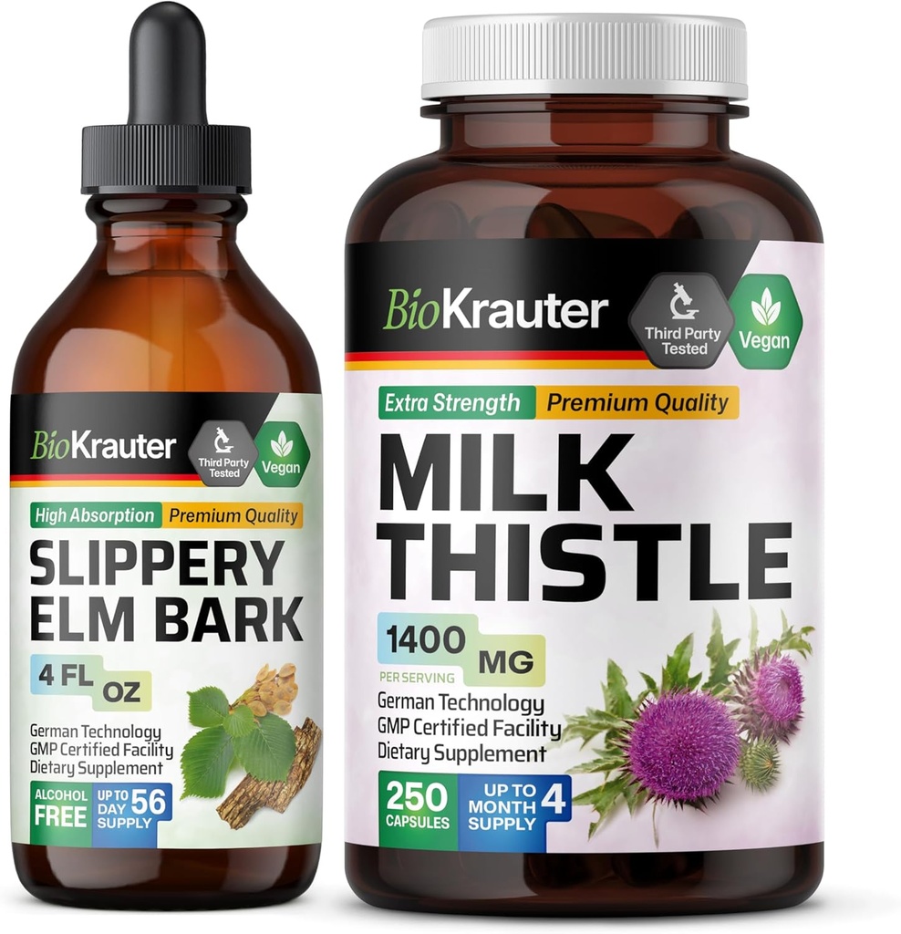 BIO KRAUTER Slippery Elm Tincture 4 Fl. Oz. & Milk Thistle 250 קפסולות