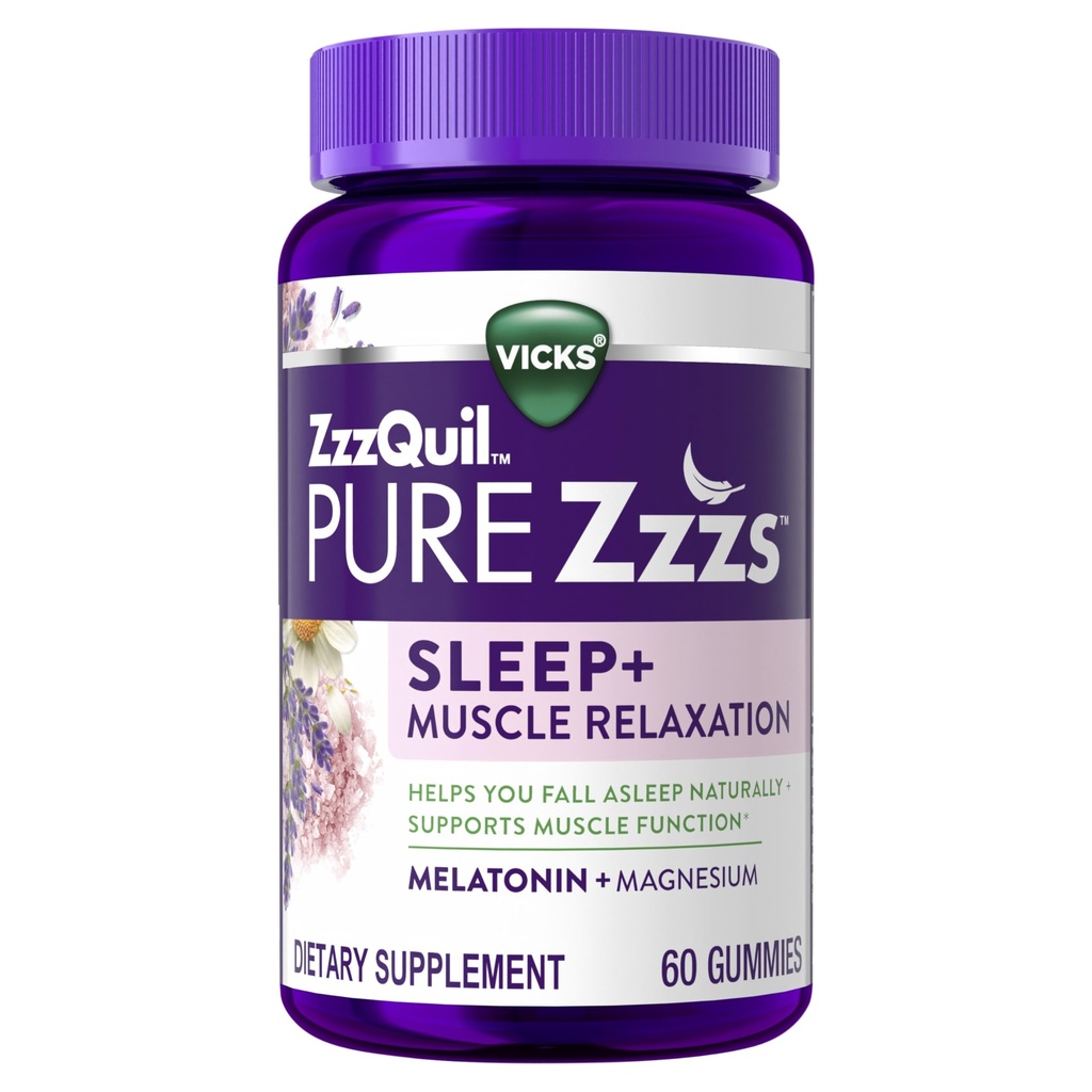 ZzzQuil Pure Zzzs השרירים מרגיע מלטונין שינה חניכיים, תומך בתפקוד השרירים, עוזר לך ליפול לישון באופן טבעי, מהיר, מלטונין + Magnesium, no Next-Day Grogginess, סמים חינם, 60ct