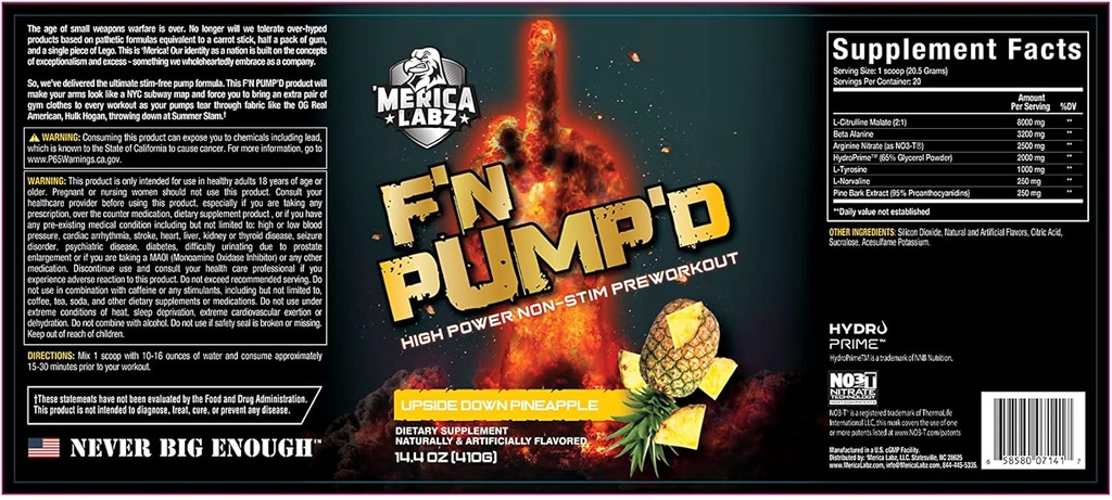 "Merica Labz F'N Pump"D Stimulant Free, Nitric Oxide, Fully Dosed, Pump PreWorkout אבקה (20 משרתות)