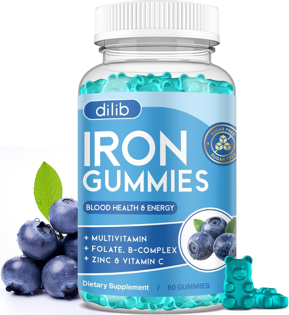 חניכיים ברזל עם Multivitamin, תוספת ברזל לנשים וגברים עם Zinc, ויטמין B Complex & C, B12, Folate - Blood Builder & Energy Support for Adults & Kids - Blueberry Flavor, 60 מסטיק טבעוני