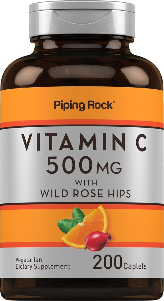 Piping Rock ויטמין C | 500 מ"ג | 200 קפסולות | עם רוז HIPS | Vegetarian, non-GMO, Gluten Free Supplement